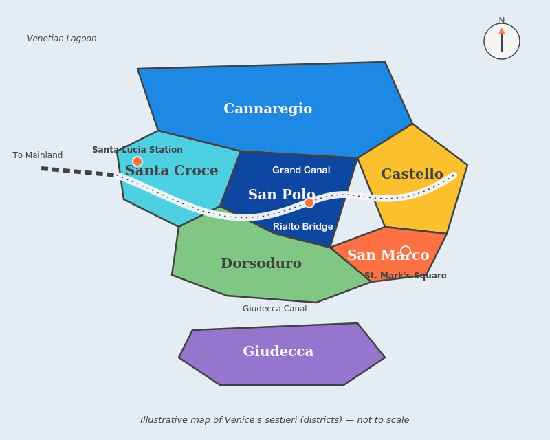 A map of districts in Venice, Italy